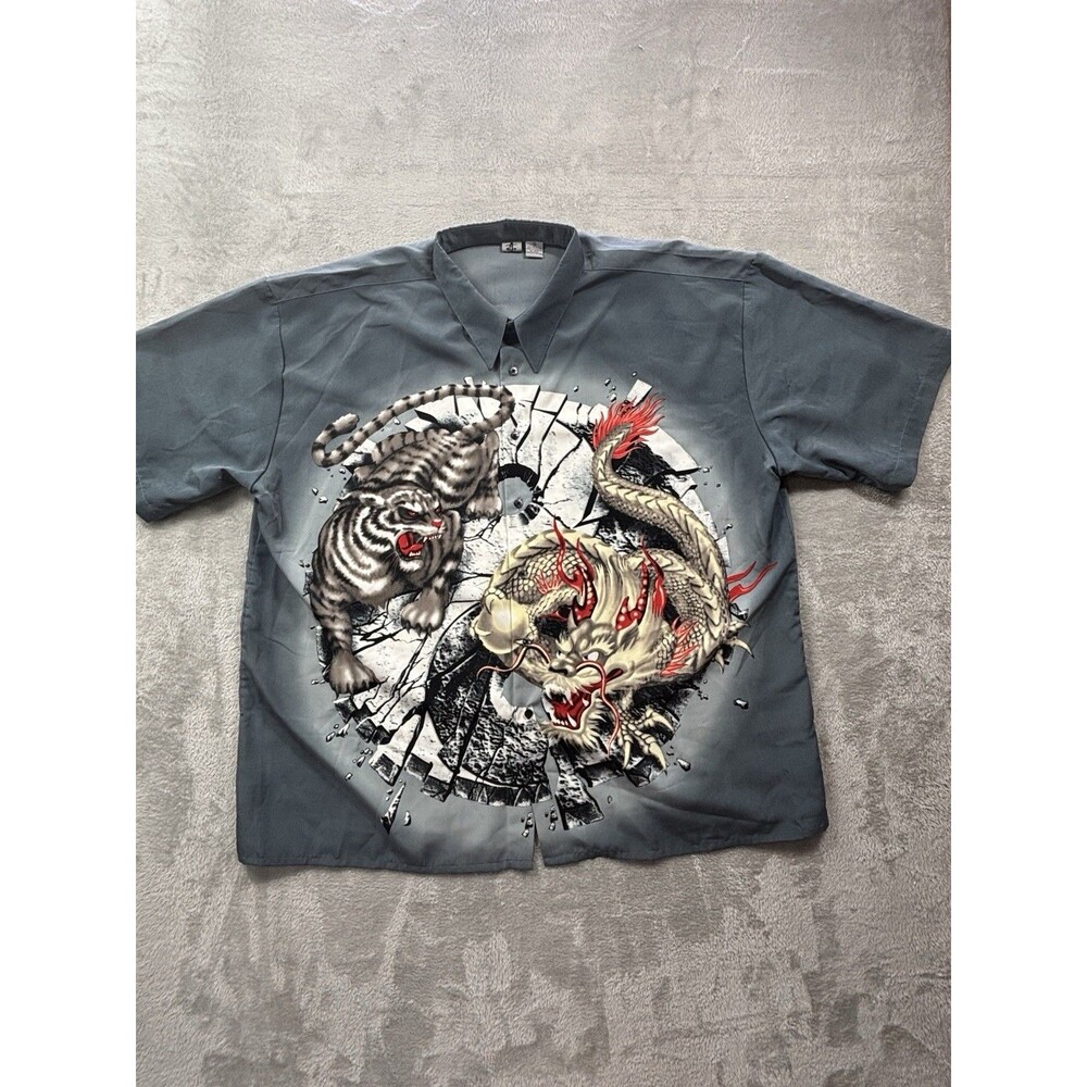 Vintage Billion Bay Button Up Shirt Mens 3XL Blue Yin Yang Tiger Dragon Y2K 90s